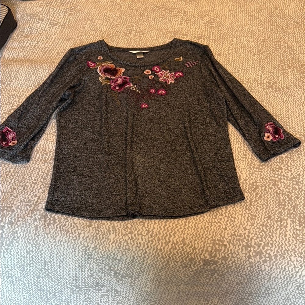 Christopher & Banks Gray and Pink Long Sleeve Tee with Floral Embroidery